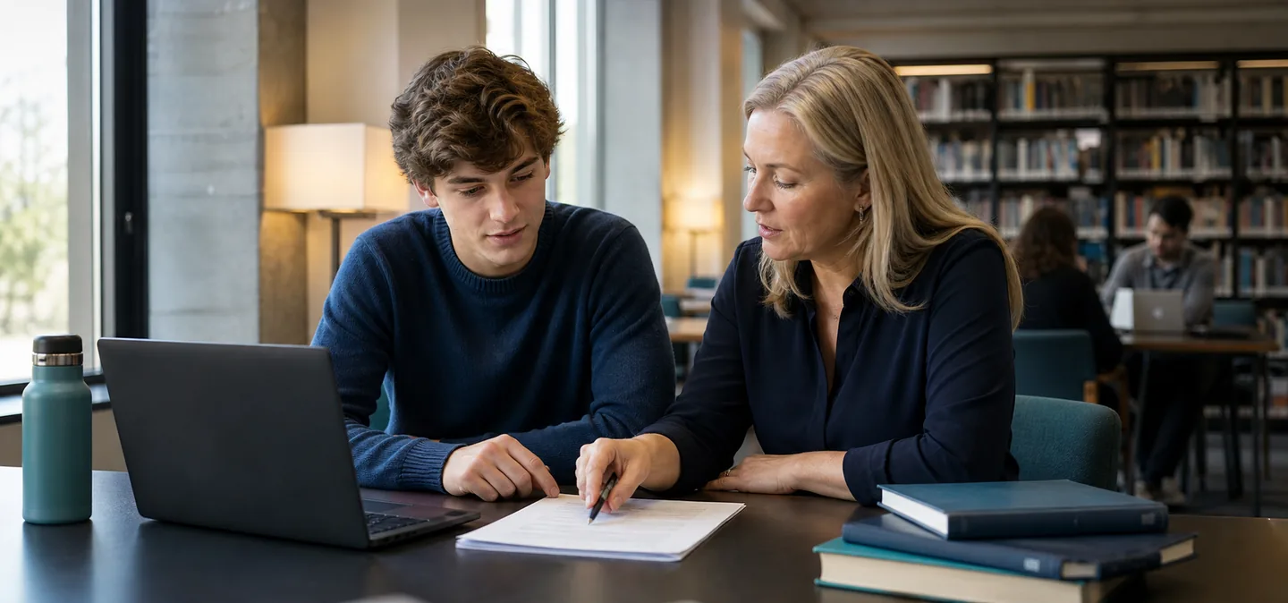 A student and tutor reviewing an essay draft one-on-one.