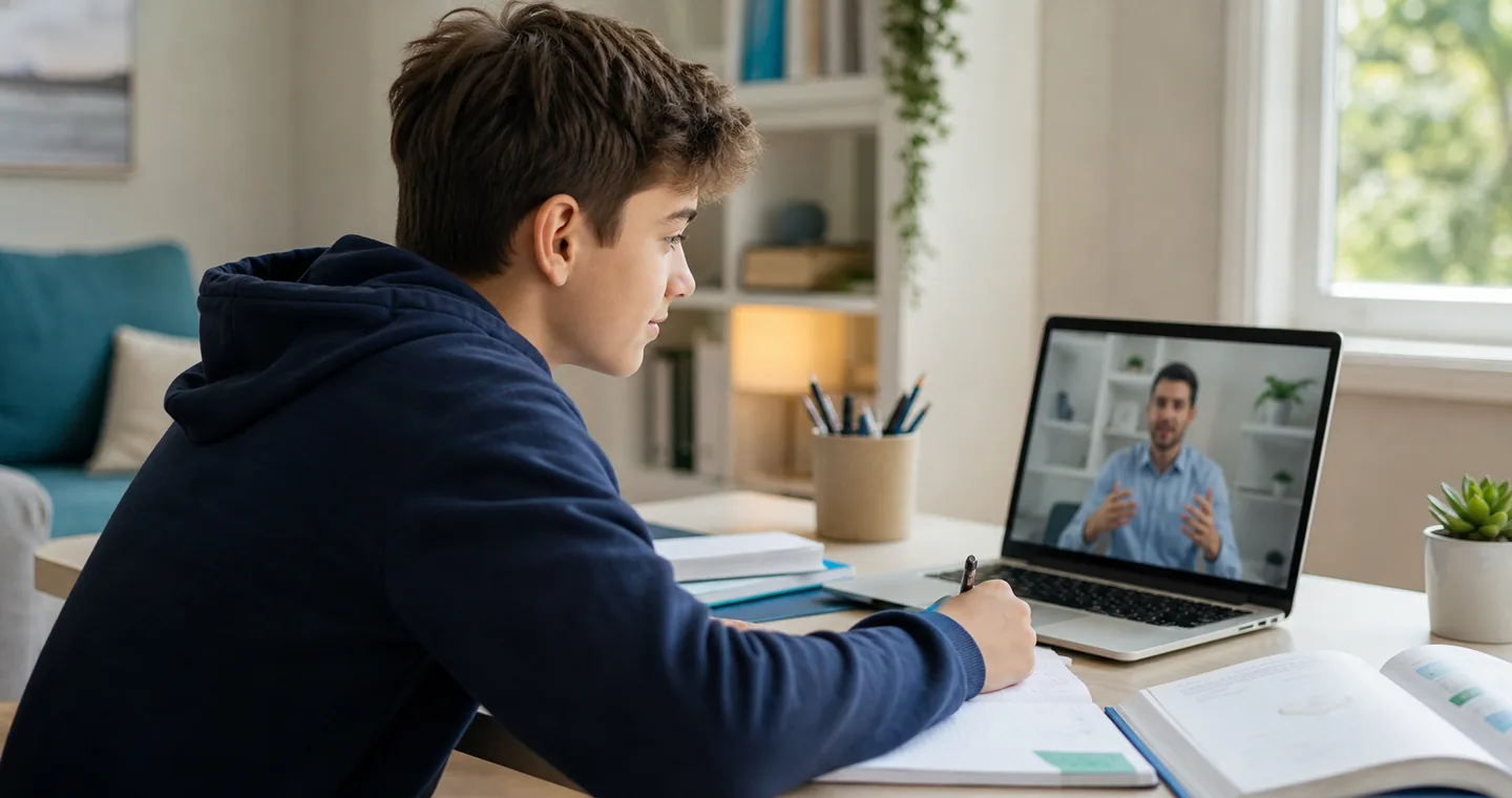 A student in an online tutoring session with an Elite tutor on a laptop