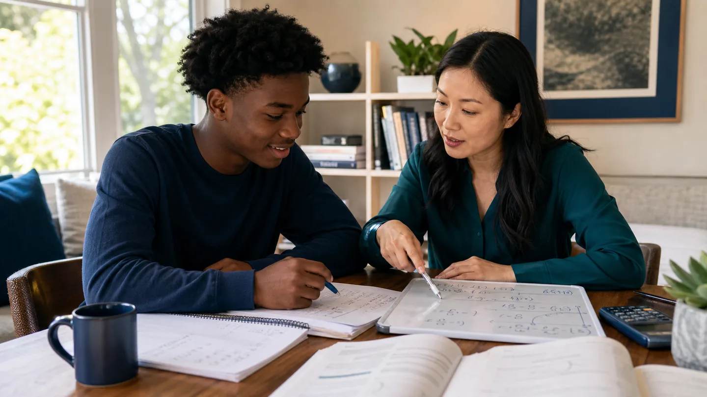 A high school student working through advanced coursework with a tutor.