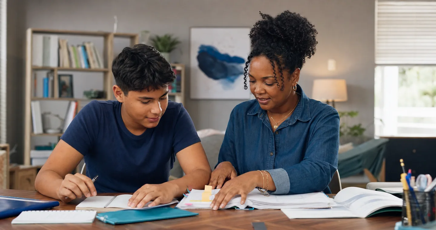 A middle school student organizing schoolwork with a tutor.